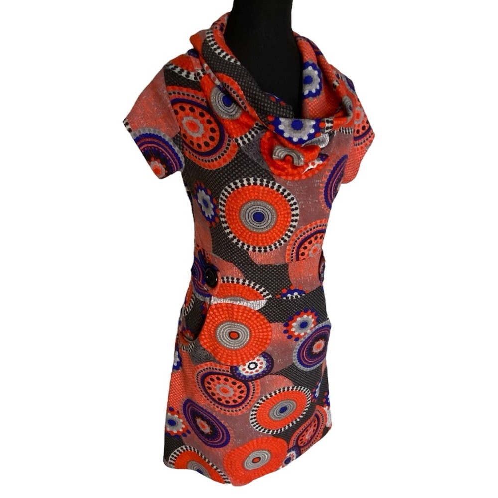 Geometric Pattern Mod Mini Dress 60’s Go-Go Cowl Neck Vintage Style Small - Picture 3 of 13